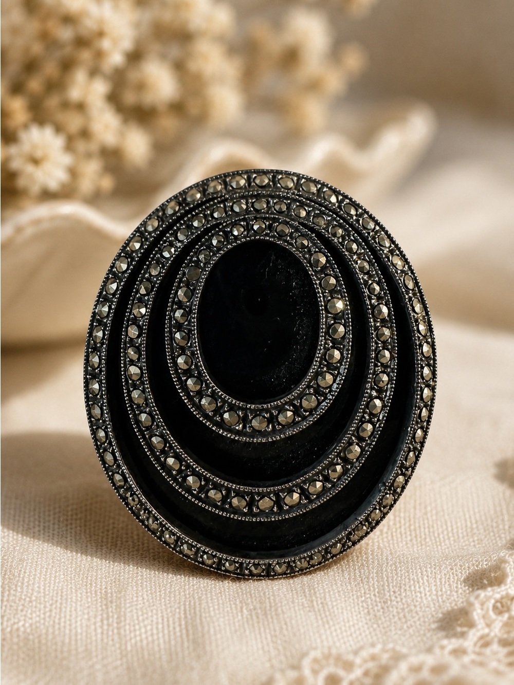 Vintage Black Enamel Marcasite Style Oval Brooch Art Deco Pin